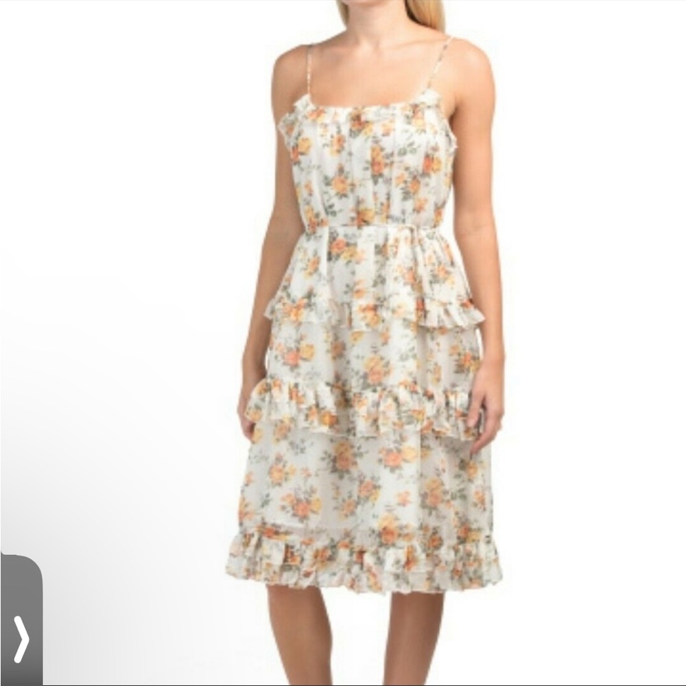 Edit White Closet Cream Floral Midi Dress Tiered Skirt Ruffle Women's Size 6 NEW